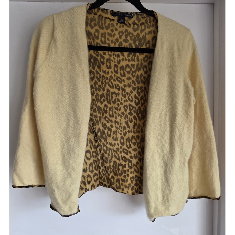 Banana Republic Cardigan Women L Yellow Brown Animal Print Wool Angora Silk